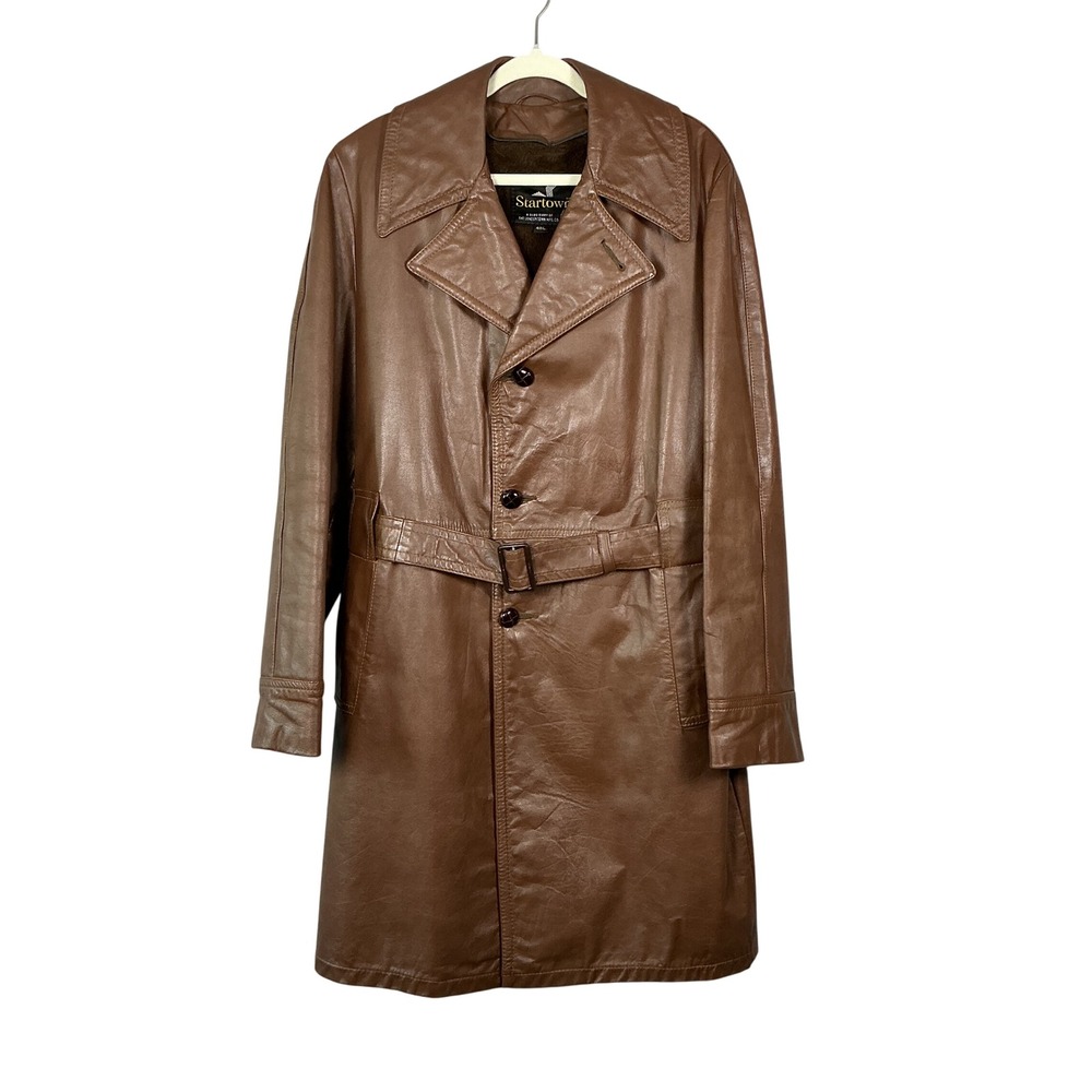 Vintage Startown Brown Leather Belted Trench Coat Faux Fur Lined 40L 70s Mens